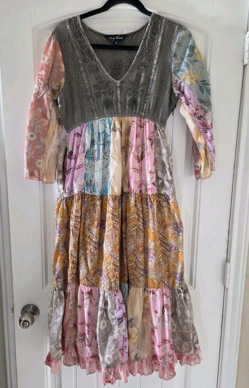 Young Threads Women M Patchwork Floral Tiered Midi Dress Boho Embroidered Cottag